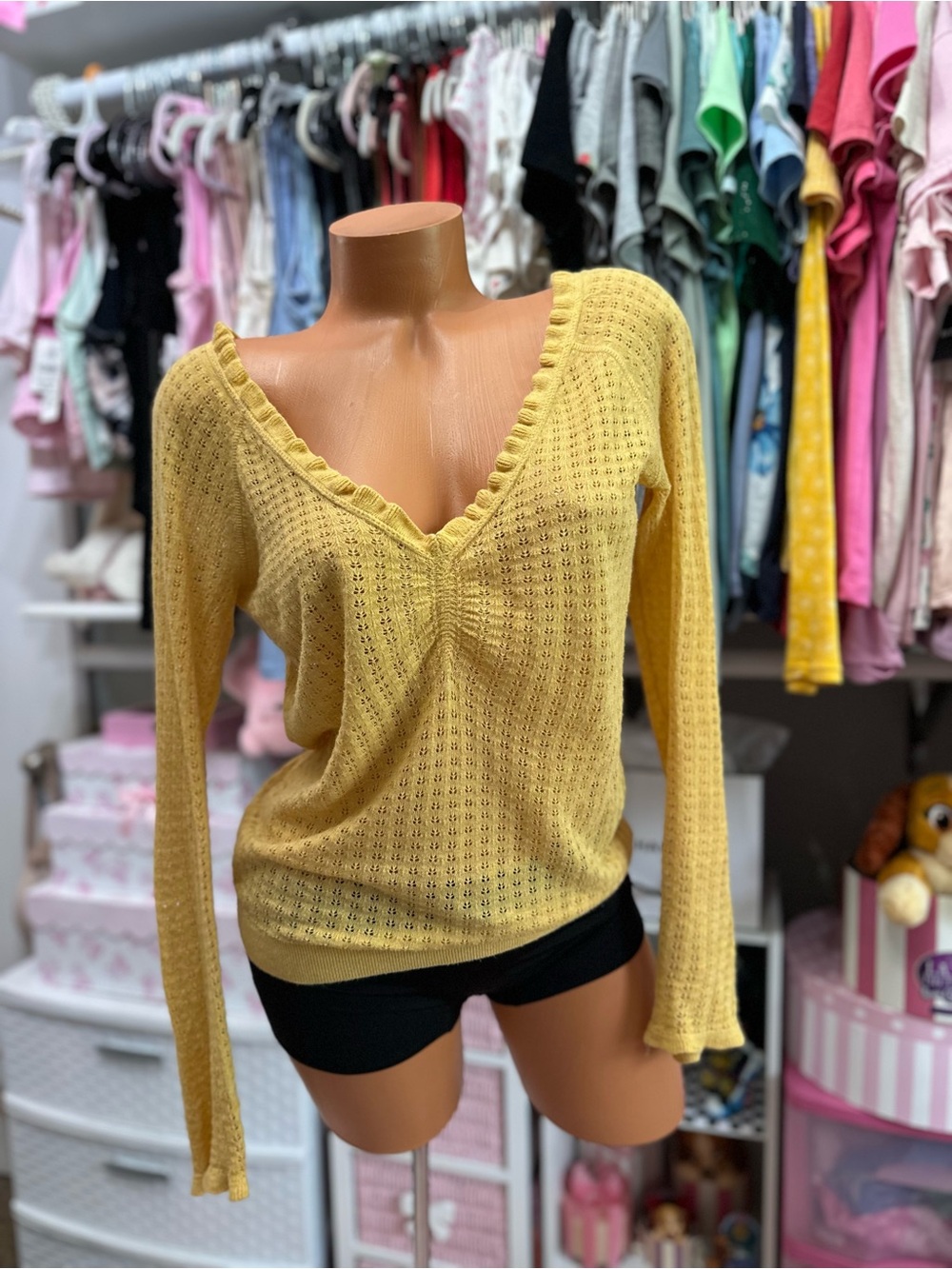 5 for $15! Moda International Yellow Crochet Semi-Sheer Top M